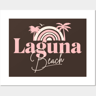 Laguna Beach Vintage Half Sunset Tee with Pink Palm Trees and Script Font Posters and Art